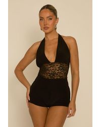 Rebellious Fashion - Plunge Halterneck Lace Insert Playsuit - Lyst