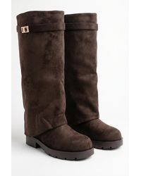 Rebellious Fashion - Faux Suede Trim Detail Layered Chunky Knee High Biker Boots - Lyst