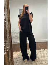 Rebellious Fashion - Round Neck Frill Sleeve Top & Straight Leg Trousers Co-Ord Set - Lyst