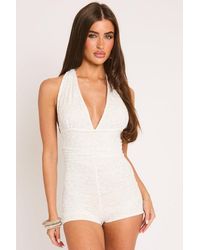 Rebellious Fashion - Lace Halter Neck Plunge Tie Back Playsuit - Lyst