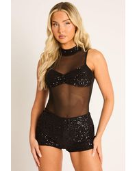Rebellious Fashion - Sequin Mesh High Neck Bodysuit And Shorts Co-Ord Set - Lyst