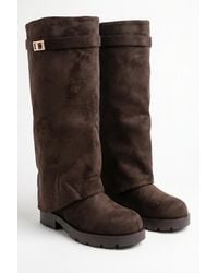 Rebellious Fashion - Faux Suede Trim Detail Layered Chunky Knee High Biker Boots - Lyst