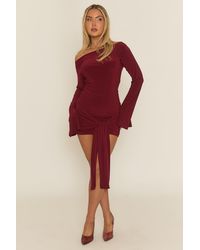 Rebellious Fashion - Burgundy Long Flared Sleeves Drape Detail Bodycon Mini Dress - Lyst