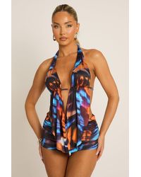 Rebellious Fashion - Multi Abstract Print Plunge Cowl Top & Micro Short Co-Ord Set - Lyst