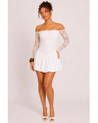 Rebellious Fashion - Lace Long Sleeve Bardot Puffball Mini Dress - Lyst