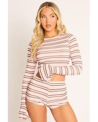 Rebellious Fashion - Stripe Rib Long Sleeve Top And Shorts Co-Ord Set - Lyst
