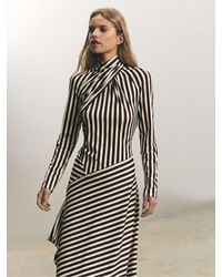 Reiss - Cat - Brown/cream Striped Jersey Asymmetric Midi Dress, S - Lyst