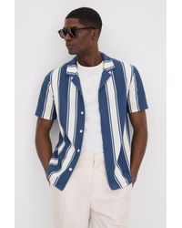 Reiss - Alton - Airforce Blue/white Slim Fit Ribbed Cuban Collar Shirt - Lyst