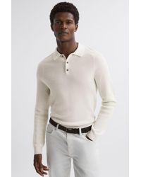 Reiss - Holms - Ecru Wool Long Sleeve Polo Shirt, S - Lyst