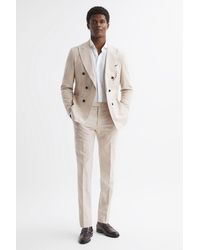 Reiss - Craft - Oatmeal Slim Fit Cotton-linen Check Adjustable Trousers - Lyst