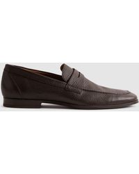 Reiss - Leather - Dark Brown Bray Grained Slip-on Loafers - Lyst