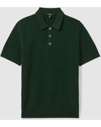 Reiss - Lupton - Dark Green Cotton Textured Press-stud Polo Shirt - Lyst
