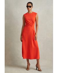 Reiss - Stacey - Orange Ruched Midi Dress - Lyst