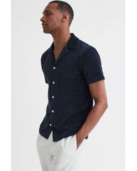 Reiss - Santal - Navy Slim Fit Cuban Collar Textured Shirt - Lyst