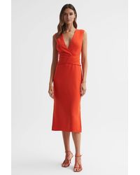 Reiss - Jayla - Orange Fitted Wrap Design Midi Dress, Us 6 - Lyst