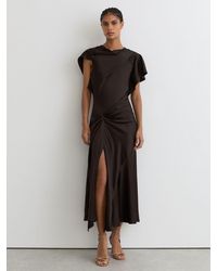 Reiss - Sasha - Chocolate Brown Satin Drape-detail Midi Dress, Us 0 - Lyst
