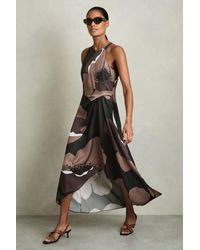 Reiss - Michalie - Brown Satin Floral Tuck Midi Dress, 10 - Lyst