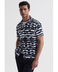 Reiss - Oakland - Navy/white Abstract Printed Cuban Collar Shirt, Xxl - Lyst