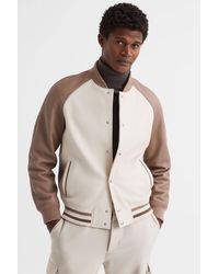 Reiss - Cortez - Ecru/taupe Leather Bomber Jacket, L - Lyst