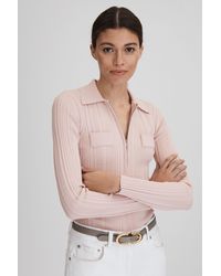 Reiss - Clemmie - Nude Ribbed Half-zip Fitted Top, Xs - Lyst