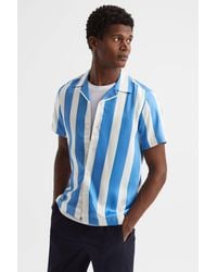 Reiss - Virginia - Blue/white Slim Fit Cuban Collar Striped Shirt, M - Lyst