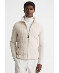 Reiss - Tosca - Stone Hybrid Knit And Quilt Jacket - Lyst