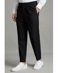 Reiss - Brighton - Black Relaxed Drawstring Trousers With Turn-ups - Lyst