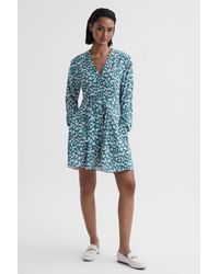 Reiss - Briella - Teal/white Belted V-neck Long Sleeve Dress - Lyst