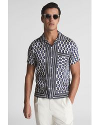 Reiss - Lavern - Blue/white Geo Print Cuban Collar Shirt, S - Lyst