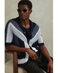 Reiss - Panko - Navy Multi Cotton Blend Crochet Cuban Collar Shirt, Xs - Lyst