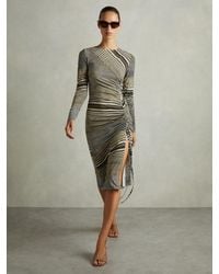Reiss - Riyo - Black/olive Printed Ruched Midi Dress, Us 2 - Lyst