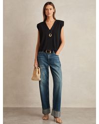 Reiss - Dixie - Black Cotton Shoulder-pad V-neck Top, Xs (us 2) - Lyst