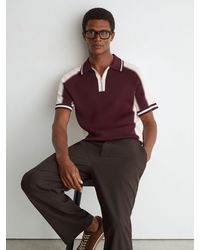 Reiss - Elmers - Bordeaux/ecru Colour-block Half-zip Knitted Polo Shirt, Xxl - Lyst