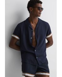 Reiss - Valbonne - Navy/tobacco | Ché Contrast Cuff Cuban Collar Shirt, M - Lyst
