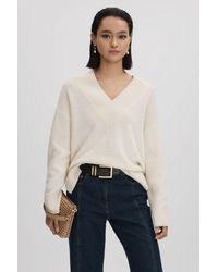 Reiss - Seren - Ivory Oversized Wool Cashmere V-neck Jumper - Lyst
