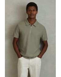 Reiss - Felix - Pistachio Textured Cotton Half Zip Polo Shirt - Lyst