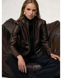 Reiss - Allie - Chocolate Brown Petite Leather Collarless Biker Jacket, Us 4 - Lyst