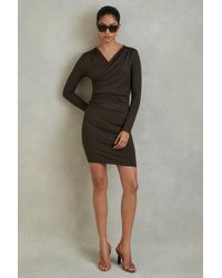 Reiss - Lisa - Khaki Wrap Front Ruched Jersey Mini Dress, Xs - Lyst