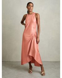 Reiss - Anessa - Coral Satin Shirred Midi Dress, Us 8 - Lyst
