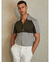 Reiss - Gino - Sage Green Mercerised Cotton Colourblock Cuban Collar Shirt, S - Lyst