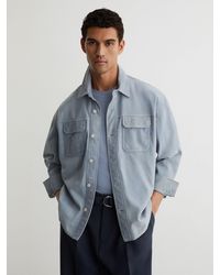 Reiss - Delvin - Powder Blue Monogram Embossed Relaxed Suede Jacket, L - Lyst