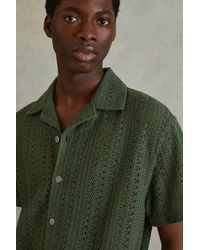 Reiss - Paradise - Olive Green Cotton Crochet Cuban Collar Shirt - Lyst