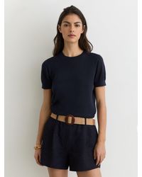 Reiss - Livy - Navy Short-sleeve Knitted Top With Linen, Xl (us 16-18) - Lyst