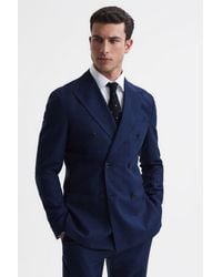 Reiss - Royce - Navy Slim Fit Wool Double Breasted Check Blazer, 40 - Lyst