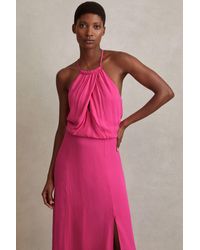 Reiss - Elliana - Pink Drape Front Midi Dress - Lyst