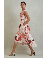 Reiss - Becci - Red Printed Open Back Midi Dress - Lyst