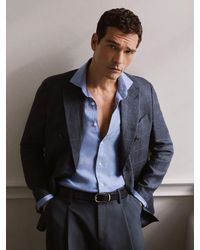 Reiss - Adoro - Navy Linen Check Double-breasted Tailored-fit Blazer, 42 - Lyst