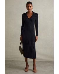 Reiss - Winnie - Navy Petite Knitted Open Collar Midi Dress, Xs - Lyst