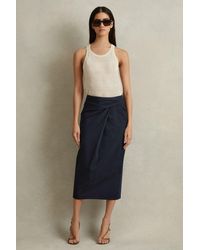 Reiss - Nadia - Navy Cotton Blend Wrap Front Midi Skirt - Lyst