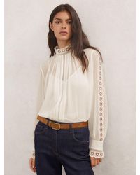 Reiss - Ori - Cream Lace-trim Sheer Blouse, Us 4 - Lyst